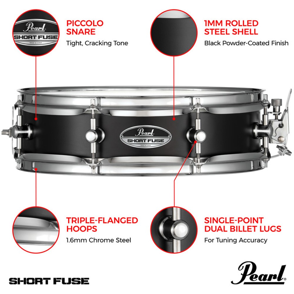 Pearl SFS1335B Short Fuse Steel 13X3.5 Piccolo Snare (Black)