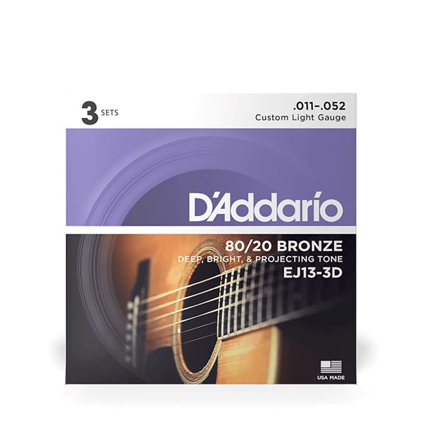 D'Addario 3 Pack EJ 80/20 Bronze Acoustic Guitar Strings EJ13-3D Custom Light (11-52)